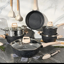 Batterie de cuisine 15 pièces avec cuiseur à vapeur Antiadhésif en Granit noir - Tous feux dont induction Just perfecto JL-780