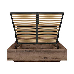 Pegane Lit coffre 160x200 avec tête de lit rembourrée noir, sommier et rangement ,coloris Chêne marron foncé - Longueur 206 x Profondeur 165 x Hauteur 42-98,5 cm pas cher