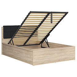 Avis Pegane Lit adule 140x200 avec tête de lit capitonnée noir,sommier et rangement, coloris chêne Sonoma - Longueur 204,5 x Profondeur 149 x Hauteur 95/40,5 cm