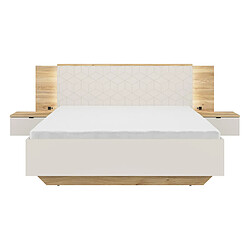 Avis Pegane Lit coffre 160x200 avec 2 chevets à LED+USB , coloris Chêne mauvella/Beige