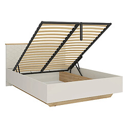 Pegane Lit coffre 160x200 avec sommier et rangement , coloris Chêne mauvella/Beige - Longueur 210,5 x Profondeur 167 x Hauteur 110/42,5 cm pas cher