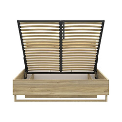 Pegane Lit coffre 160x200cm + LED avec sommier et rangement ,coloris Chêne mauvella/Beige - Longueur 218 x Profondeur 168 x Hauteur 100 cm pas cher