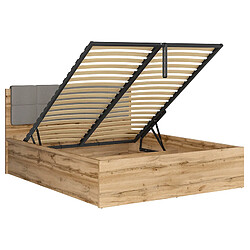 Avis Pegane Lit adule 160x200 avec tête de lit capitonnée gris clair,sommier et rangement, coloris Chêne wotan - Longueur 204,5 x Profondeur 169 x Hauteur 95/40,5 cm