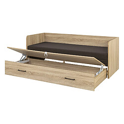 Avis Pegane Lit canapé convertible 80-160x200 cm coloris Chêne sonoma avec coffre de rangement, matelas et 3 oreillers noir - Longueur 200,5 x Profondeur 79/154 x Hauteur 73 cm