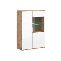 Pegane Vitrine haute en verre trempé à 2 portes avec éclairage LED coloris Chêne wotan/Blanc brillant - Longueur 90 x Profondeur 41 x Hauteur 132 cm