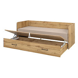 Avis Pegane Lit canapé convertible 80-160x200 cm coloris Chêne wotan avec coffre de rangement, matelas et 3 oreillers Beige - Longueur 200,5 x Profondeur 79/154 x Hauteur 73 cm