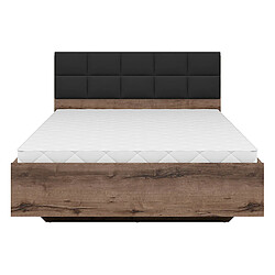 Pegane Lit double 140x200 avec tête de lit rembourrée noir ,coloris Chêne marron foncé - Longueur 206 x Profondeur 145 x Hauteur 42-98,5 cm pas cher