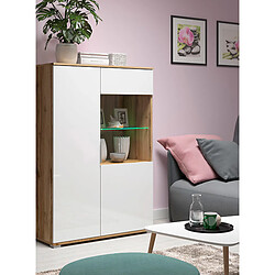 Pegane Vitrine haute en verre trempé à 2 portes avec éclairage LED coloris Chêne wotan/Blanc brillant - Longueur 90 x Profondeur 41 x Hauteur 132 cm