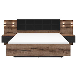 Avis Pegane Lit coffre 160x200 + 2 tables de chevet éclairage LED avec sommier et rangement coloris Chêne marron foncé/Chêne noir - Longueur 206 x Profondeur 165-265 x Hauteur 42-98,5 cm