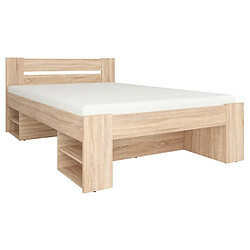 Pegane Lit double avec étagères de rangement et 3 tiroirs coloris chêne sonoma-longueur 204,5 x largeur 145,5 x hauteur 47,5-85,5 cm