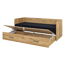 Avis Pegane Lit canapé convertible 80-160x200 cm coloris Chêne wotan avec coffre de rangement, matelas et 3 oreillers noir - Longueur 200,5 x Profondeur 79/154 x Hauteur 73 cm