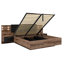 Acheter Pegane Lit coffre 160x200 + 2 tables de chevet éclairage LED avec sommier et rangement coloris Chêne marron foncé/Chêne noir - Longueur 206 x Profondeur 165-265 x Hauteur 42-98,5 cm