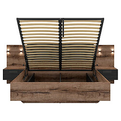 Pegane Lit coffre 160x200 + 2 tables de chevet éclairage LED avec sommier et rangement coloris Chêne marron foncé/Chêne noir - Longueur 206 x Profondeur 165-265 x Hauteur 42-98,5 cm pas cher