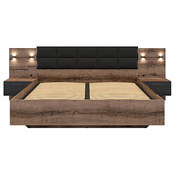 Avis Pegane Lit coffre 180x200 + 2 tables de chevet avec éclairage LED avec sommier et rangement coloris Chêne marron foncé/Chêne noir - Longueur 206 x Profondeur 185-285 x Hauteur 42-98,5 cm
