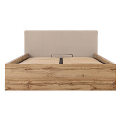 Avis Pegane Lit adule 160x200 avec tête de lit capitonnée beige,sommier et rangement, coloris Chêne wotan - Longueur 204,5 x Profondeur 169 x Hauteur 95/40,5 cm