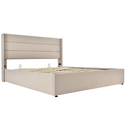 modfu Lit coffre 160x200 cm avec sommier à lattes, en lin, beige pas cher