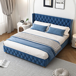 modfu Lit adulte 160x200 cm avec sommier à lattes et tête de lit, en velours, bleu