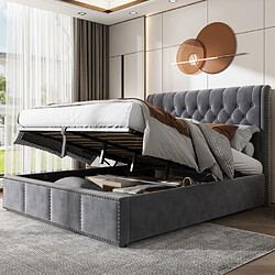 modfu Lit coffre 140x200 cm avec banquette capitonnée, en velours, gris