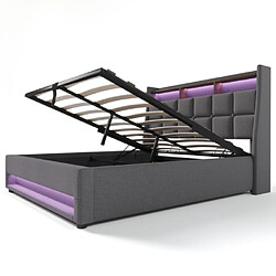 modfu Lit coffre 140x200 cm avec LED et sommier à lattes, en lin, gris pas cher