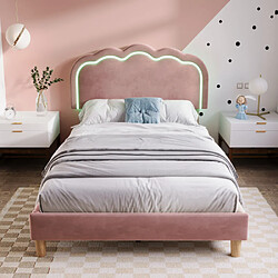 modfu Lit enfant 90x190 cm avec LED et tête de lit réglable, en velours, rose