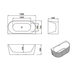OTITEC Baignoire îlot avec vidage – 150 x 75 cm – Blanc brillant rainuré – BELLA pas cher
