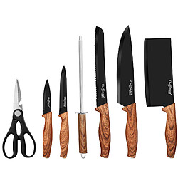 Cheffinger Set de Couteaux 7 Pièces Manches Aspect Bois avec Support Noir