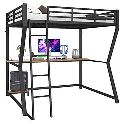 STILVORA Lit haut 140×200 cm noir avec garde-corps, escalier, bureau, étagère PC et éclairage LED