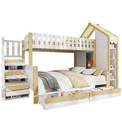 STILVORA Lit d'étage enfant 90×200 + 140×200 cm avec protection contre les chutes, escalier rangement, toit cabane