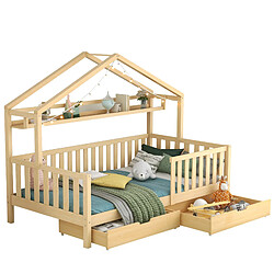 STILVORA Lit cabane enfant 90×200 cm en pin, avec protection antichute, 2 tiroirs et étagère, naturel