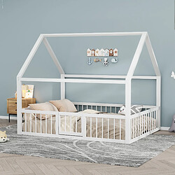 STILVORA Lit d’enfant en métal 140×200 cm avec protection contre les chutes, design toit maison blanc
