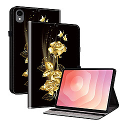 Housse pour Samsung Galaxy Tab S11 Motif Floral avec Support et Porte-Stylet TPU Souple, Noir Or