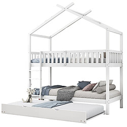 STILVORA Lit d’enfant type maison 90×200 cm avec protection antichute, 3 couchages dont lit gigogne, blanc