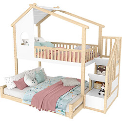 STILVORA Lit d'étage cabane 90×200 + 140×200 cm avec protection contre les chutes, échelle de rangement