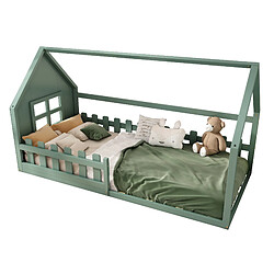 STILVORA Lit d'enfant cabane 90×200 cm en pin/MDF, vert, avec cadre bas et bords protecteurs