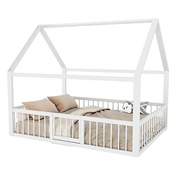 STILVORA Lit d’enfant en métal 140×200 cm avec protection contre les chutes, design toit maison blanc