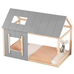 STILVORA Lit d’enfant en forme de maison 90×200 cm avec protection contre les chutes, toit et fenêtre, naturel + gris