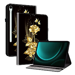 Housse pour Samsung Galaxy Tab S10 FE Motif Floral avec Support et Porte-Stylet TPU Souple, Noir Or