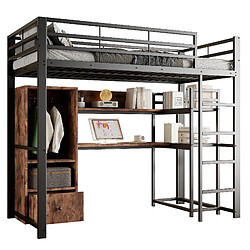 STILVORA Lit haut enfant 140×200 cm avec protection contre les chutes, escalier, bureau, tiroir et LED 16 couleurs - noir