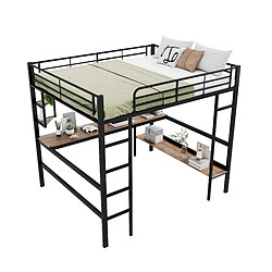 STILVORA Lit haut 140×200 cm en métal avec bureau, bibliothèque et protection contre les chutes, noir