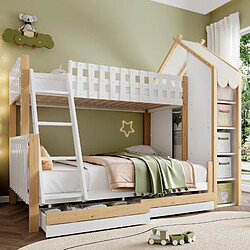 STILVORA Lit d’étage enfant 90×200 + 140×200 cm avec protection contre les chutes, baldaquin maison et 2 tiroirs