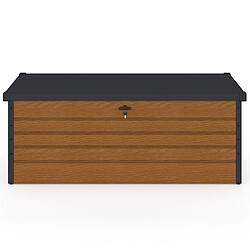 Avis Idmarket Coffre de rangement métal verrouillable effet bois et gris pour jardin 600L 165x70x63 cm