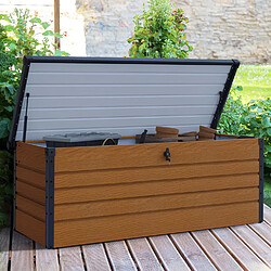 Idmarket Coffre de rangement métal verrouillable effet bois et gris pour jardin 600L 165x70x63 cm