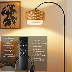 NETTLIFE Lampadaire Arqué Rotin Bohème Vintage Dimmable Télécommande LED E27