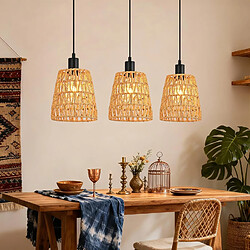 NETTLIFE Suspension Rotin Boho 3 Lampes Lustre Vintage Tressé Corde Chanvre