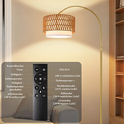 NETTLIFE Lampadaire Boho Rotin Arquée Dimmable Télécommande LED E27 Pivot Doré