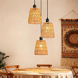 NETTLIFE Suspension Rotin Boho 3 Lampes Lustre Vintage Tressé Corde Chanvre