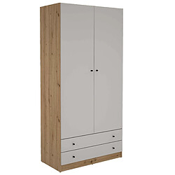 Pegane Placard armoire meuble de rangement de 2 portes et 2 tiroirs coloris Chêne/gris