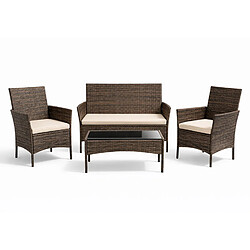 Concept Usine Ensemble de jardin 4 places en résine tressée marron et coussins beige LOOS