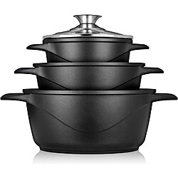Batterie de Cuisine Induction 6 Pièces Aluminium, 3 Casseroles 3 Couvercles, Briebe,MGK-18