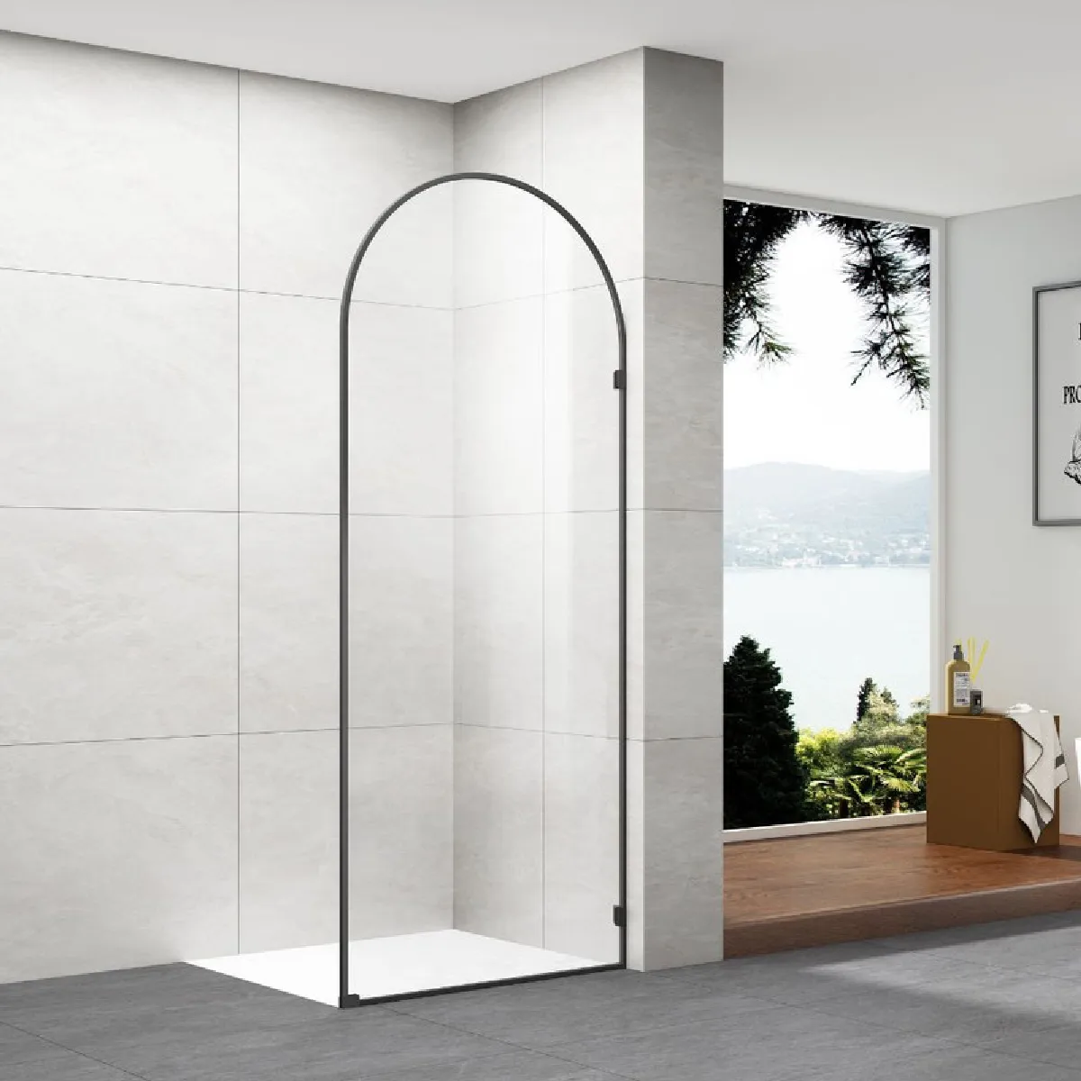 OTITEC Paroi de douche italienne cintrée - 100 x 195 cm - Clear - Noir - ARCO